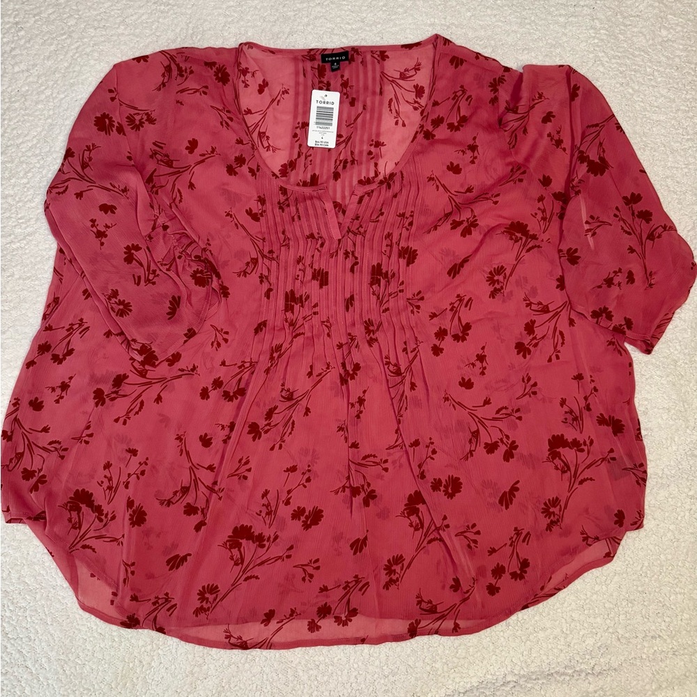 Torrid Chiffon Pintuck Pink Floral Sheer Blouse